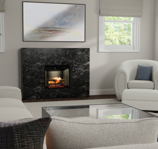 30" REVILLUSION BUILT-IN FIREBOX, NEUTRAL BRICK, ENHANCED EMBER BED, TUMBLED GLASS, BLK GRAVEL, PLUG IN KIT & REMOTE
