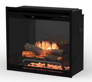 24" REVILLUSION PLUG IN FIREBOX, HERRINGBONE BACKER, THRU VIEW, MOOD LIGHTNG, REALOGS, REMOTE, FRONT GLASS