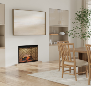 24" REVILLUSION BUILT-IN FIREBOX, HERRINGBONE, ENHANCED EMBER BED, TUMBLED GLASS, BLK GRAVEL, PLUG IN KIT & REMOTE