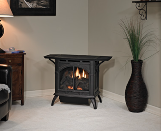 SPIRIT DV MEDIUM CAST IRON STOVE -MILLIVOLT, NG MATTE BLACK W/ CONTOUR BURNER & LOG SET