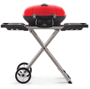 TRAVELQ 285X PORTABLE 2 BURNER LP RED GRILL WITH SCISSOR CART & GRIDDLE