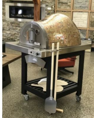 FORNO OUTDOOR MOSAIC PIZZA OVEN, COPPER GLASS, SS HEARTH, VENT, PORTABLE POWDER COAT BLK STEEL CART ELECTRONIC IGNITION