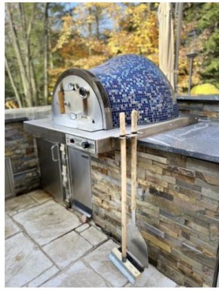 VILLA OUTDOOR BUILT-IN MOSAIC PIZZA OVEN, OCEAN BLUE, SS HEARTH, VENT, FLANGE MOUNT, ELECTRONIC IGNITION